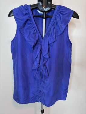 Vintage Express 100% Silk Ruffle Blouse Top Purple Sleeveless Button Front